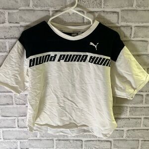 PUMA Womens Ladies Black White Cropped Logo T Shirt Top Size medium Jersey